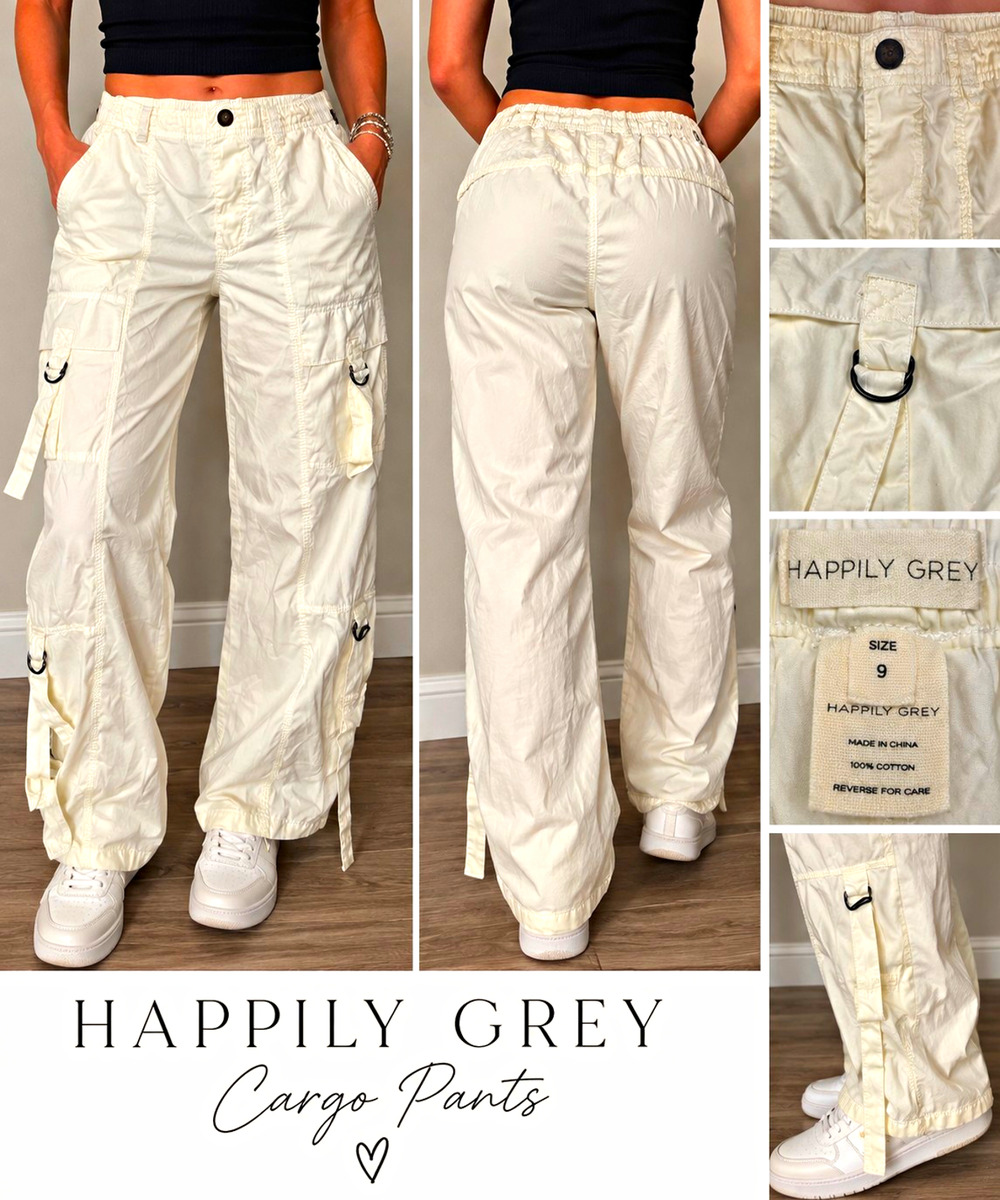 Happily Grey Cargo Pants Womens Size 9 Ivory White Cotton Utility Y2K NWOT